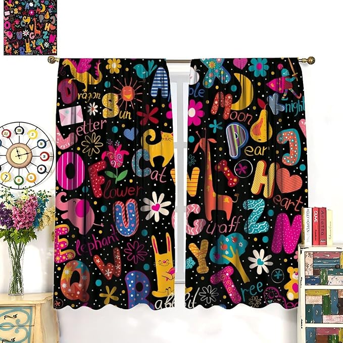 Cartoon Alphabet Curtains Funny Education Animal Giraffe Curtain with Rod Pocket for Bedroom Living Room Home Decor Drapes Thermal Insulated Window Treatments 2 Panels Set 42" W X 45" L
