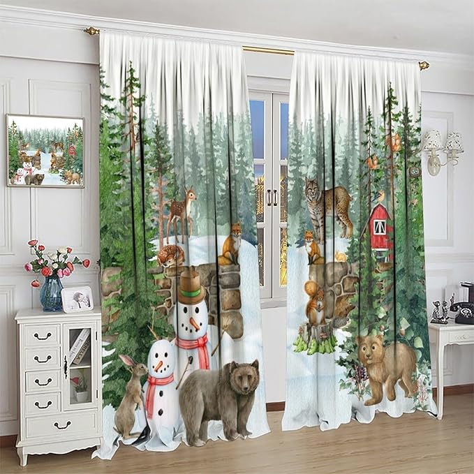 Woodland Animal Curtains, Watercolor Squirrel Hare Bear Bird Pattern Blackout Window Treatments, Rod Pocket Thermal Insulated Drapes 2 Panel Sets for Kids Bedroom Nursery Classroom, 55" W X 63" L