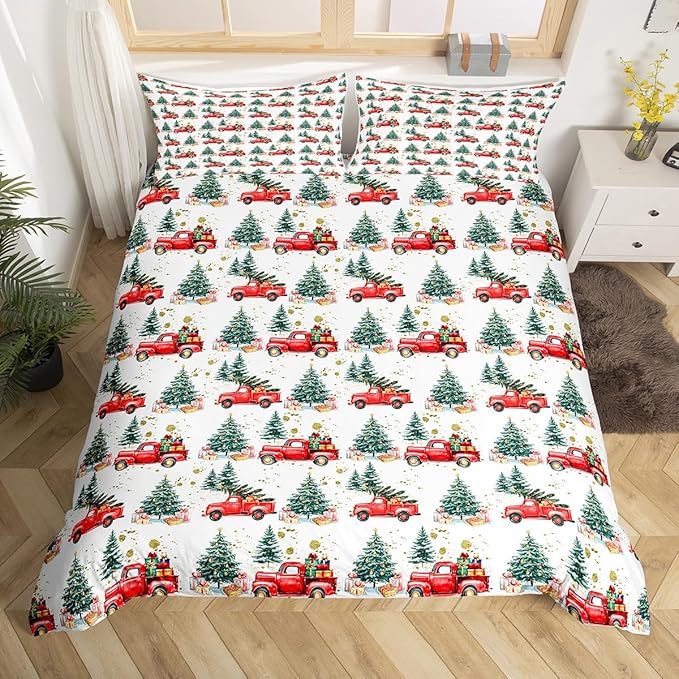 Feelyou Christmas Duvet Cover Boys Christmas Tree Bedding Set for Kids Teens Ultra Soft Cartoon Car Comforter Cover Set Watercolor Xmas Theme Bedspread Cover Room Decor Twin Size Bedclothes Zipper