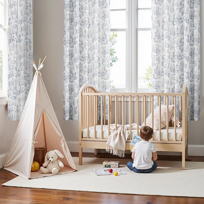 jinchan Linen Nursery Curtains 72 inch Long Woodland Wildlife Blue Print Drapes for Kid's Room Light Filtering French Country Farmhouse Curtains with Bunny and Forest Design Set of 2 Panels