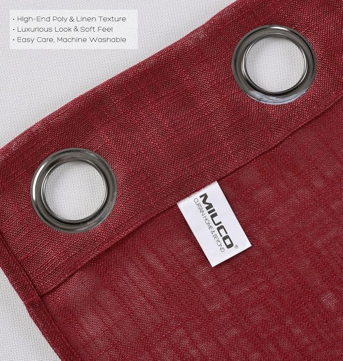 MIUCO Semi Sheer Curtains Poly Linen Textured Solid Grommet Curtains 84 Inches Long for Bedroom 2 Panels (2 x 37 Wide x 84" Long) Burgundy