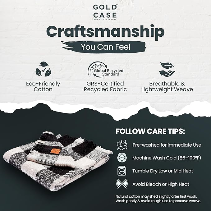 Gold Case Throw Blanket for Couch - 100% Recycled Turkish Cotton Blankets & Throws - Buffalo Soft Throw Blankets for Living Room - Boho Decorative Woven Couch Blanket - 60x80 - Black