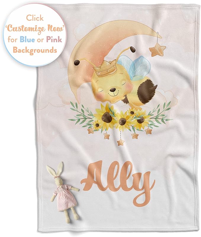 Personalized Baby Blankets with Name | Bumble Bee Custom Baby Girl and Baby Boy Newborn Blanket | Unisex Warm Soft Sherpa Swaddle Blanket Minky | (Bee, Sherpa 60"x80")