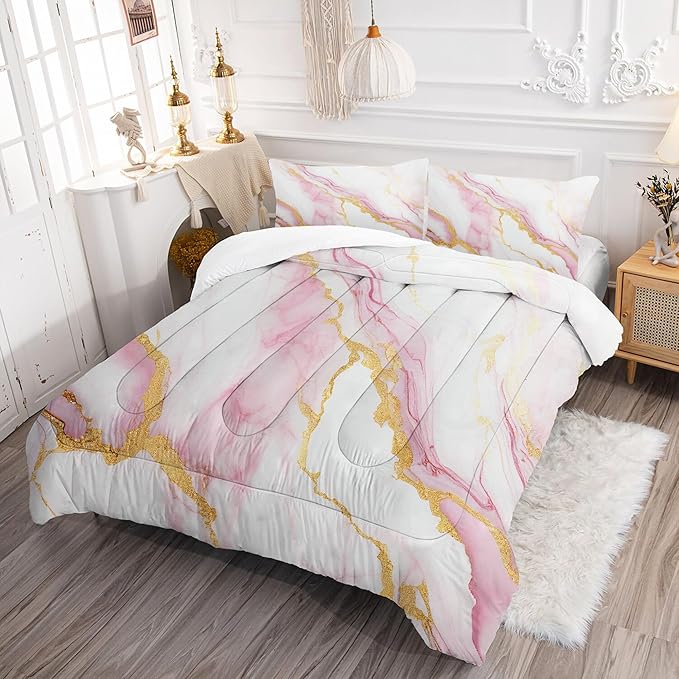 Comforter Set Pink Marble: King Size Bedding Sets for Women Girls Teens Bedroom Luxury Pink Gold Glitter Abstract Marbling Pastel Bed Set 1 Comforter & 2 Pillowcases