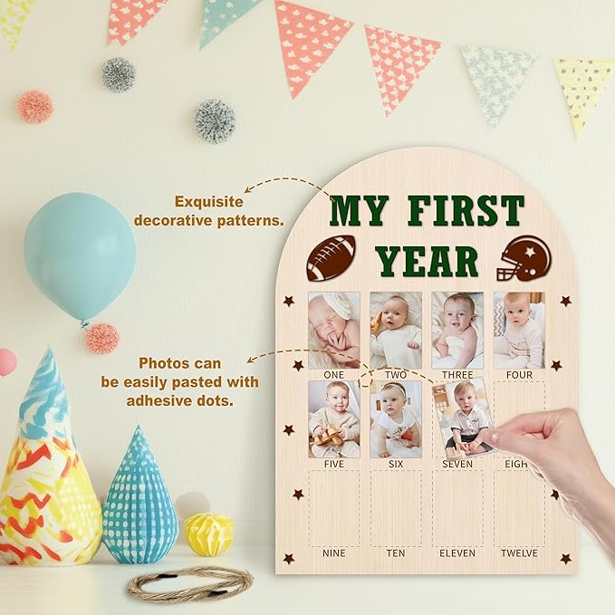 My First Year Photo Board, Football Baby's First Year Photo Frame 12 Monthly Milestone Picture Frame, Gift for Newborn Baby 1st Birthday Memories Nursery Decoration -05