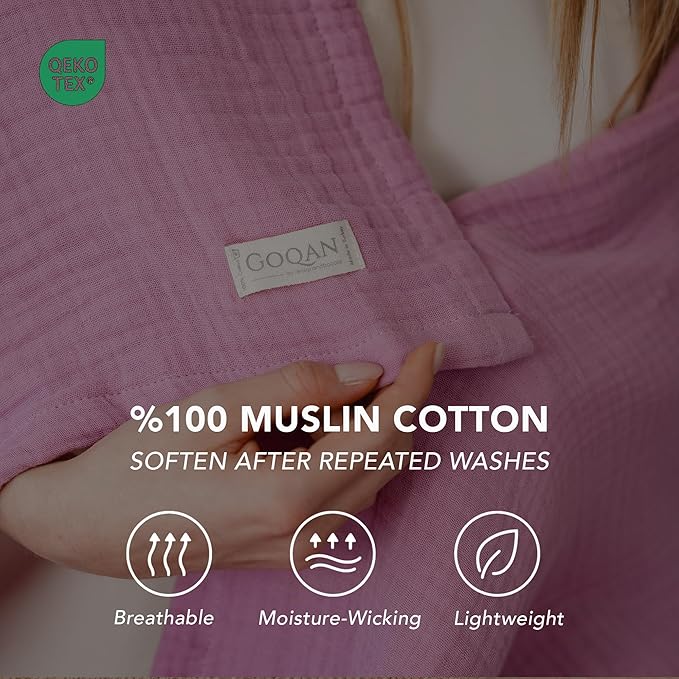 Goqan Muslin Blanket Twin 55x79 – 100% Cotton 4 Layer Boho Muslin Blanket for Adults, Lightweight, Soft, Breathable, for Bed, Couch - Pink
