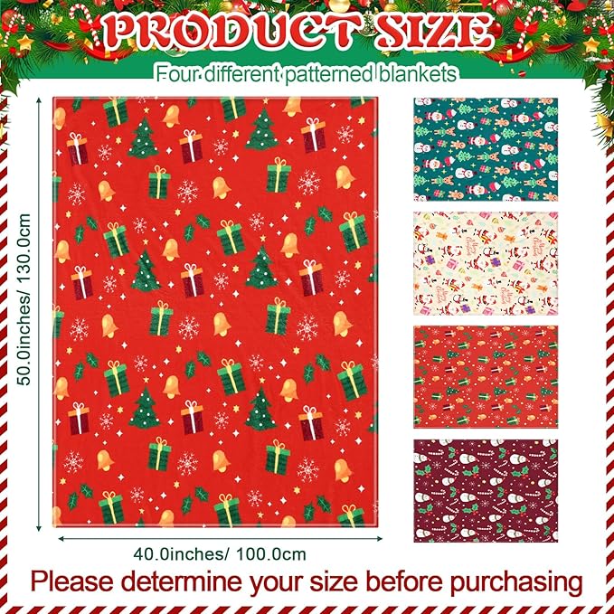 Buryeah 4 Pack Christmas Throw Blankets Bulk Snowman, Gifts, Santa, Gingerbread Man, Xmas Tree Soft Cozy Christmas Plush Flannel Blanket for Sofa, Bed, Couch, Home Decor Xmas Supplies, 40 x 50 Inches