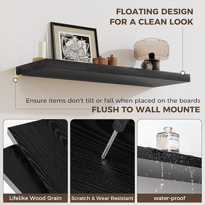 Fun Memories 12 Deep Floating Shelves, 40W x 12D Floating Shelves for Wall Set of 2, Extra Deeper Hanging Wood Shelves for Wall for Living Room Kitchen Laundry Room Kitchen Home Office - Black
