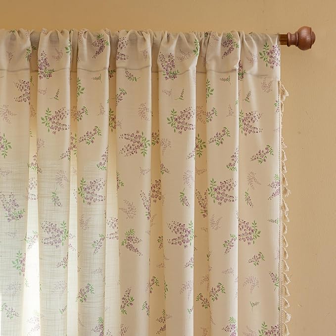 ENJOYBRIDAL Purple Floral 63 Inch Curtains for Living Room Decor Drapes Semi Sheer Bedroom Rod Pocket Short Window Curtains 2 Panels Tassel Aesthetic Farmhouse Cute Boho Window Treatments