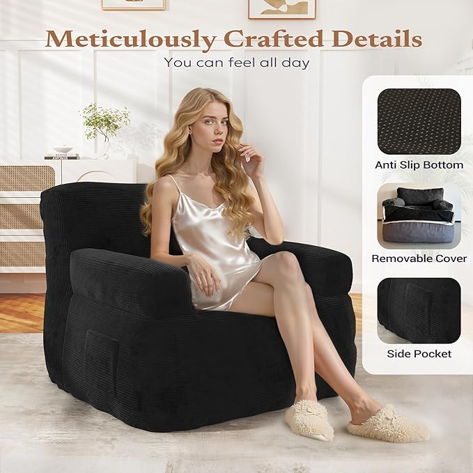 Giant Bean Bag Chair for Adults, Plush Big Bean Bag Lounger Chair with Shredded Foam Filling, Oversized Comfy Floor Sofa Couch with Side Pocket for Bedroom Living Room, Black