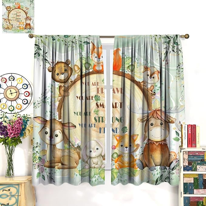 Kids Safari Animal Curtains Cute Watercolor Wildlife Jungle Window Treatments for Boys Girls Bedroom Inspirational Motivational Quotes Nursery Children Drapes for Living Room W55xL63