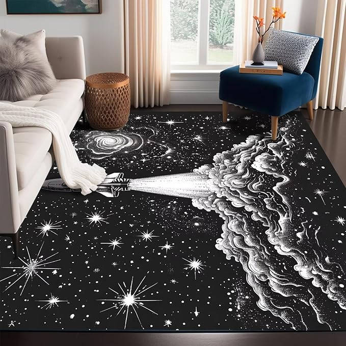 Stars Rug for Boys Room Black Space Rocket Rugs Galaxy Carpet Planet Printed Throw Rugs for Kids Teens Doormat Bedroom Living Room,31 in X 47 in