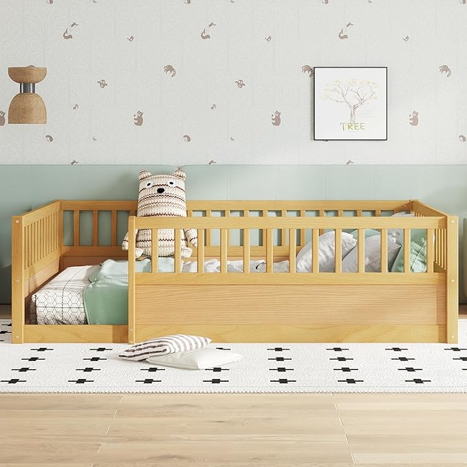 Bellemave Full Floor Bed with high Rails for Kids, Girls, Boys, Wood Montessori Floor Bed Without Door, Natural