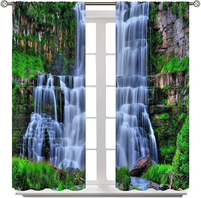 Nature Scenery Waterfall Blackout Curtains, Forest Waterfall Landscape Green Jungle Stone Falls Print Pattern Rod Pocket Window Drapes, for Bedroom Living Room 84" W X 84" L