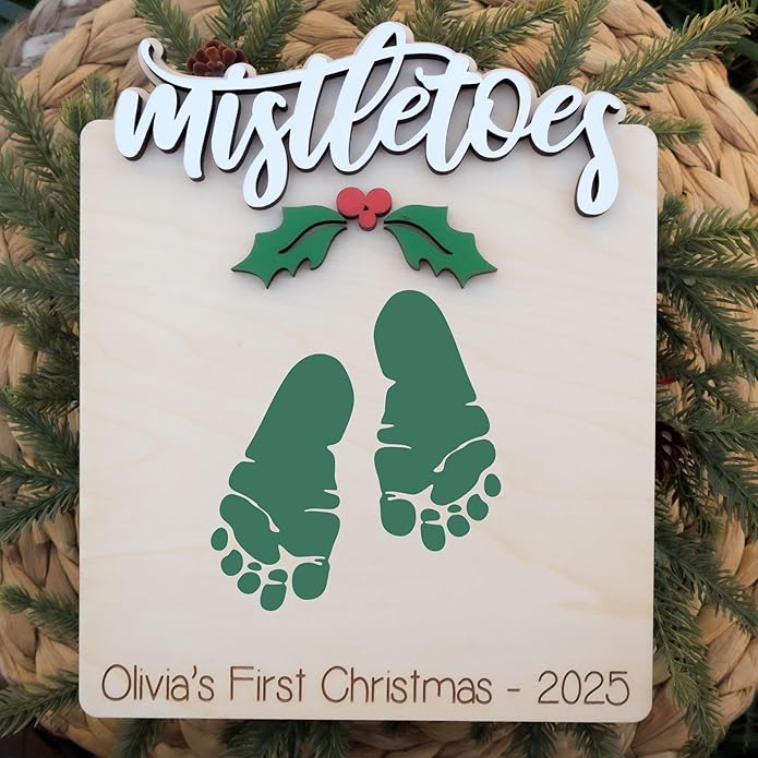 Baby's First Christmas Handprint Art, DIY Footprint Art, Baby's Mistletoes Sign, Wooden Kids Craft, Custom Children's Holiday Keepsake