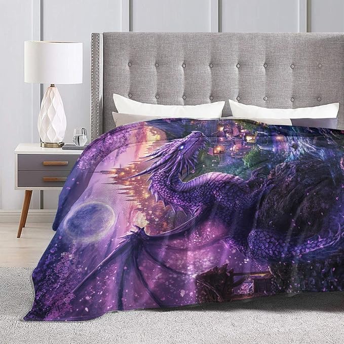 Dragon Blanket Purple Throw Blankets for Girls Boys Soft Warm Cool Mysterious Castle Throws Flannel Fleece Plush Animal Gifts for Kids Men Women Adults for Bed Sofa Bedding Decor 60"x50"
