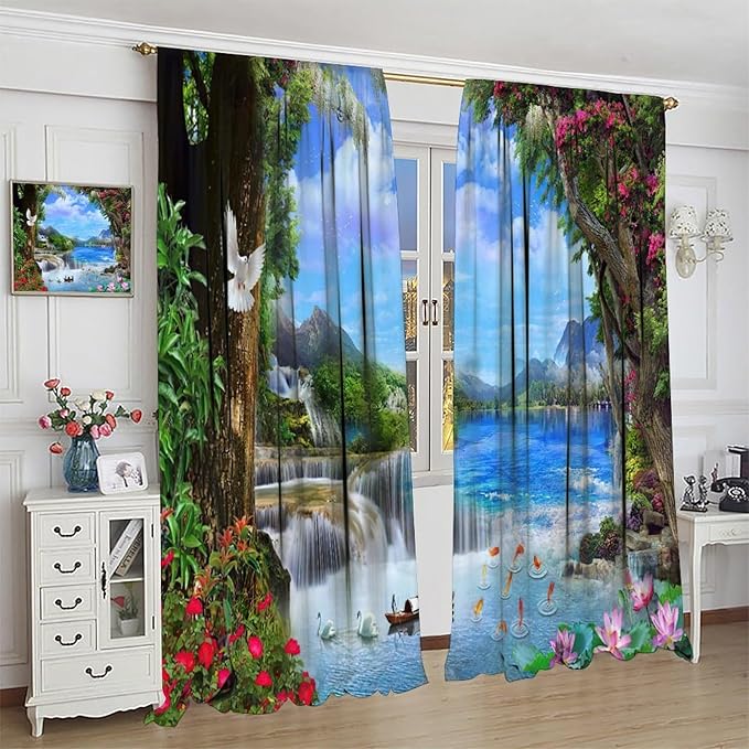 Spring Jungle Waterfall Blackout Window Curtains, Tropical Rainforest Floral Tree Waterfall Landscape Print Window Drapes, for Living Room Bedroom 42x45in 2 Panels