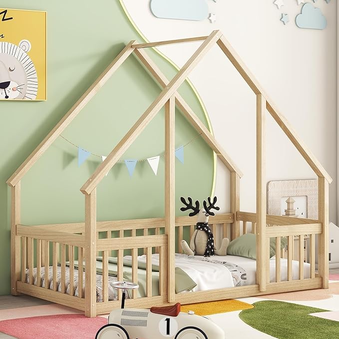 Bellemave Twin Floor Bed for Kids, Girls, Boys, Wood House Bed Frame, House Floor Bed, Twin Size Montessori Floor Bed with Fence, Playhouse, Natural