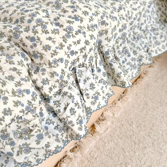 BuLuTu Chic Shabby Blue Floral Print Duvet Cover Queen, Double-Layer Cotton Muslin Comforter Cover with Ruffles, Kids Teens Bedding Quilt Covers,90"x90", Zipper Closure, No Pillow