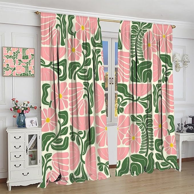 70s Flowers Curtains,Retro Geometric Boho Vintage Botanical Green Pink Flower Curtain for Bedroom Living Room Bathroom Window Curtains,70s Mid Century Flowers Window Treatments 84" W X 84" L