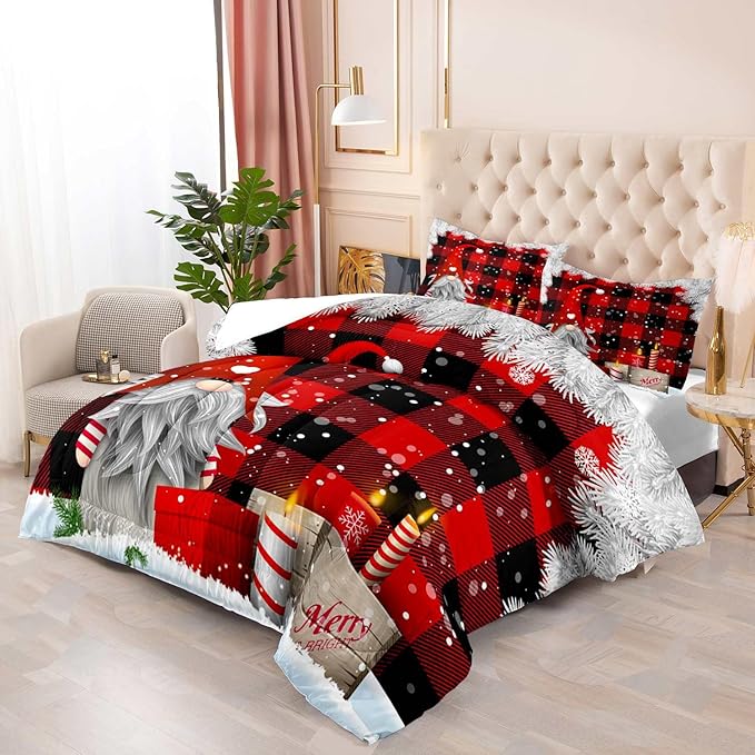 LUVIVIHOME 2PCS Merry Christmas Comforter Set Twin Size, Funny Gnome Bedding, Red and Black Plaid Winter Snowflake Christmas Bedroom Decor for Kids Boys Girls Teens Toddler, Xmas Gifts, 1 Pillow Sham