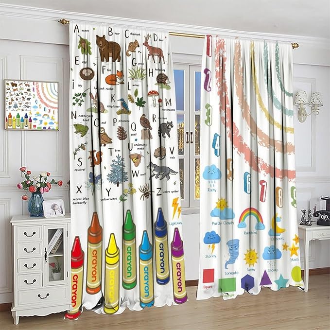 Kids Alphabet Curtain, Funny Cartoon Animal Rainbow Learning, Educational Boys Girls Children Printed Rod Pocket Blackout Window Treatments for Bedroom Living Room Nursery 72" W X 63" L