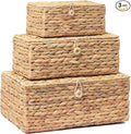 Set of 3 Wicker Storage Baskets with Lid, Large Rectangular Rattan Basket Decorative Boxes, Natural Water Hyacinth Wicker Basket for Shelf Organizer, Nursery Room