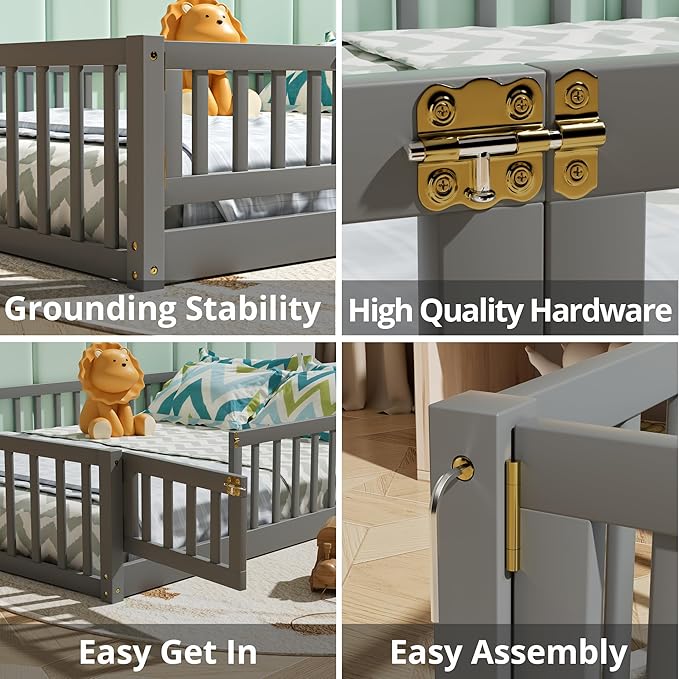 i-POOK Queen Floor Bed for Children, Sturdy Wood Montessori Bed Frame with Wood Slats, Fence & Door, Montessori Floor Bed for Girls and Boys, Gray