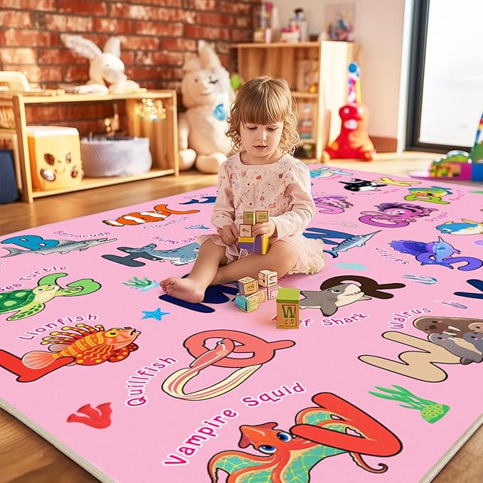Kids Rug for Playroom, 5x7 Feet Educational Rug for Learn The ABC Alphabet, Soft Machine Washable Non-Slip Cute Marine Organisms Carpet for Classroom Toddler Nursery Kids Room Decor Mat, Pink