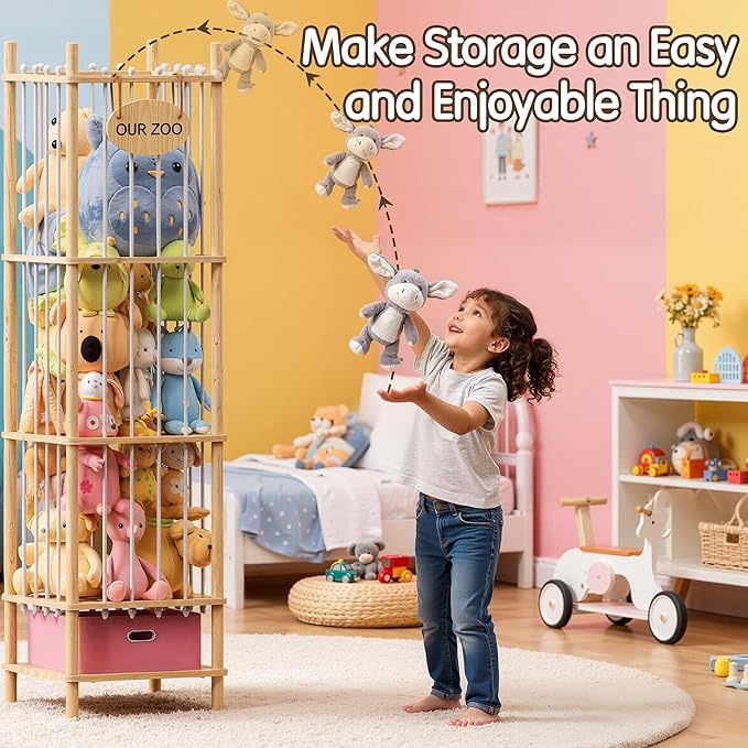 Brelley Stuffed Animal Storage Wood Toy Storage Organizer with Drawer, Large Toy Chest Stuffed animal holder for Kids Nursery Playroom Bedroom