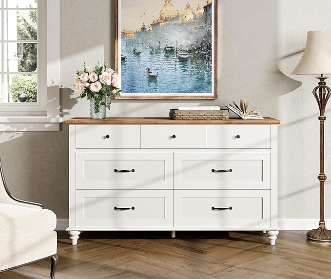WAMPAT Kids Dresser with 7 Drawers for Bedroom, White Baby Dresser for Nursery & Kids Room, Mid Century Modern Chests & Dressers, Distressed Wide Dressers Organizer for Children’s Bedroom, 54 Inch