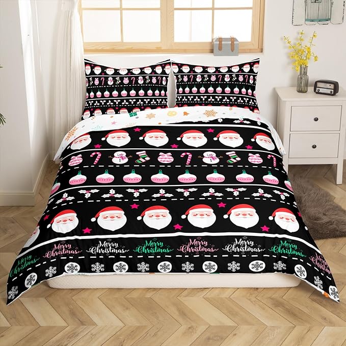 Feelyou Merry Christmas Decorative Comforter Cover Toddler Size Xmas Cartoon Santa Claus Snowmen Duvet Cover Winter New Year Bedding Set Gifts for Kids Boys Girls 1 Pillow Case