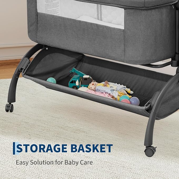 Bedside Bassinet Baby Bassinet, 3 in 1 Bedside Sleeper with Baby Co-Sleeper Travel Crib with Detachable Mosquito Net & Storage Basket | Adjustable Height, Wheels Included