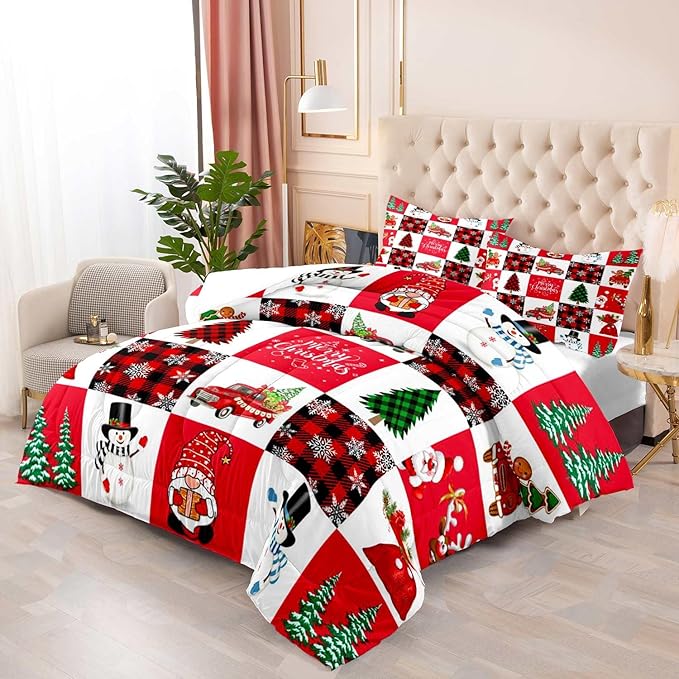 LUVIVIHOME 3PCS Merry Christmas Comforter Set Full Size, Cartoon Cute Funny Santa Claus Snowman Gnome Truck White Red Black Plaid Bedding, Snowflake Xmas Tree Christmas Bedroom Decor, 2 Pillow Shams