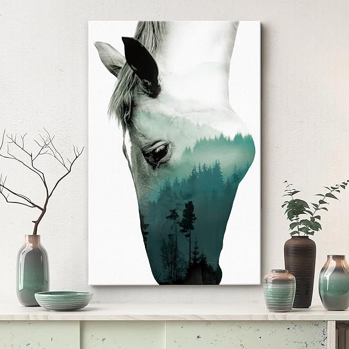 SIGNWIN Canvas Wall Art A Wild Horse and Foggy Mountain Double Exposure Photography Animals Wildlife Digital Art Modern Art Rustic Portrait Edgy for Living Room, Bedroom, Office - 12x18 inches