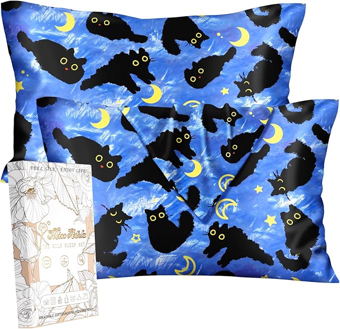 Silk Pillowcase 2 Pack - Cute Pillow Cases 20" x 26" Standard Size Set of 2 for Hair and Skin Smooth Soft Breathable with Hidden Zipper Cooling Pillow Covers for Sleeping, Blue Moon Cat