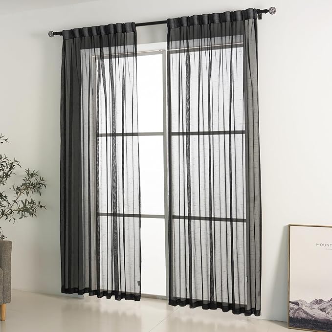Black Linen Look Pinch Pleated Sheer Curtains 84 Inches Long 2 Panels, 50 Inches Width, Rustic Textured Light Filtering Drapes, Dark Moody Window Curtain with Hooks