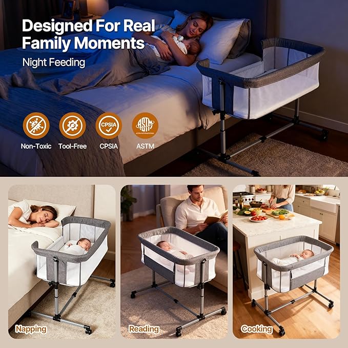 Bassinet Bedside Sleeper with Wheels, 5 Height Adjustable Baby Crib, 2-in-1 Baby Bedside Bassinet, Breathable Full Mesh & Mattress, Stable and Secure Bed for Newborn Infant