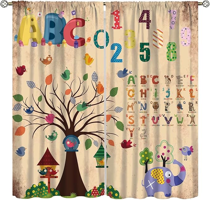 Animal Alphabet Numbers Tree Curtain Learning ABC Letters Birds Numbers Home Printed Rod Pocket Window Treatments for Bedroom Living Room Playroom Nursery 52" W X 84" L