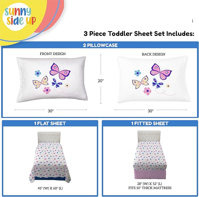 Sunny Side Up Flutter Toddler Sheet Set - 3 Piece Toddler Bedding Set Includes Pillow Cover - Super Soft Floral Microfiber Sheets