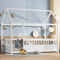 Twin Size House Bed with High Fence for Kids,Twin Floor Bed Frame, Kids Montessori Bed Twin Size,Solid Wood House Bed Frame for Boys,Girls,White