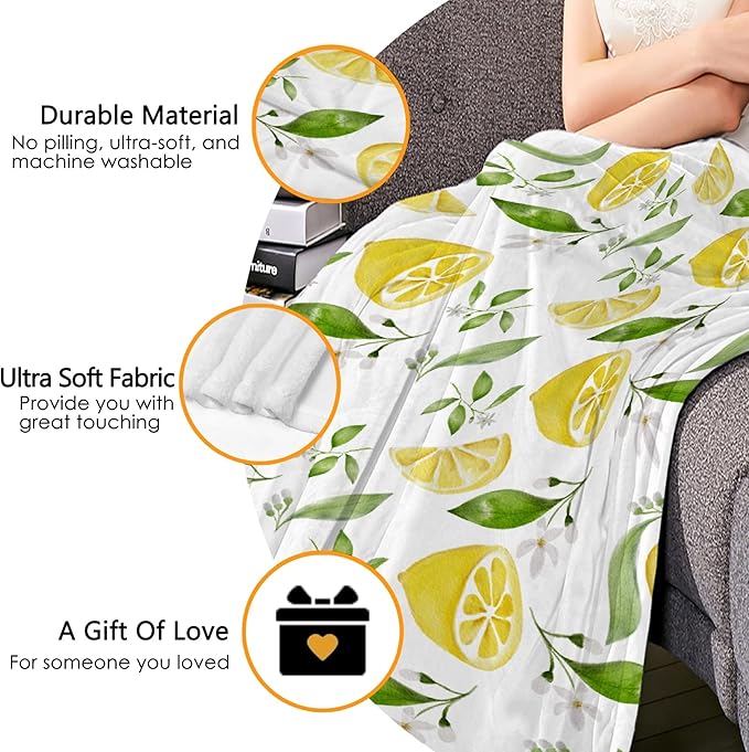 Thuswarm Watercolor Lemon Fruit Print Flannel Throw Blanket Warm Cozy Soft Funny Print Blankets for Bed Couch Sofa Room Decoration Gifts 60”×50” Medium for Teen