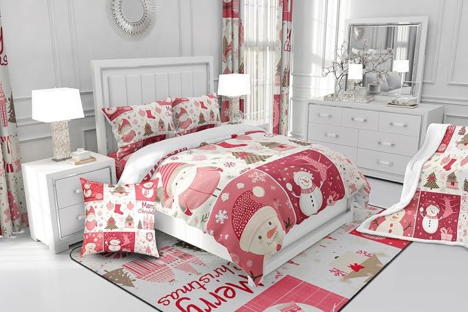 Christmas Tree Comforter Set King Size,Merry Christmas Duvet Insert for Kids Boys Girls Room Decor,Snowman Christmas Tree Snowflake Bedding Set 3Pcs,Cartoon Plaid Patchwork Quilt Set,2 Pillowcases