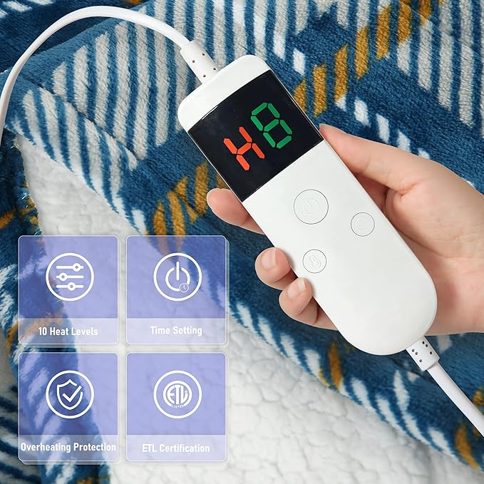 Electric Blanket Heated Throw, Soft Flannel 50"x60" Plaid Heating Blanket with 8 Hours Auto Off 10 Fast Heating Levels Machine Washable Sherpa Heated Blanket with Overheating Protection
