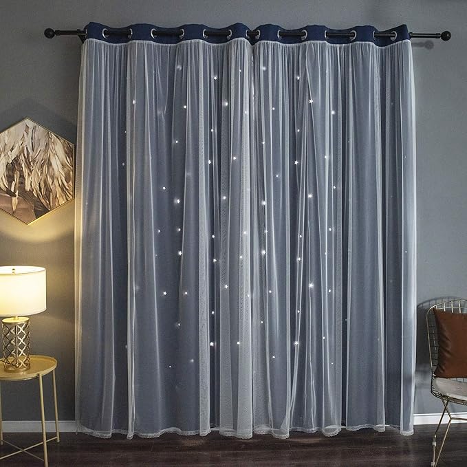 Kinryb Kids Star Cutout Curtains for Bedroom/Living Room/Classroom,2 Free Tiebacks Sheer Overlay 95 Inches 2 Panel Set, Double Layer Curtains for Kids Room(W52xL95 Inches,Navy Blue 2 Pcs)