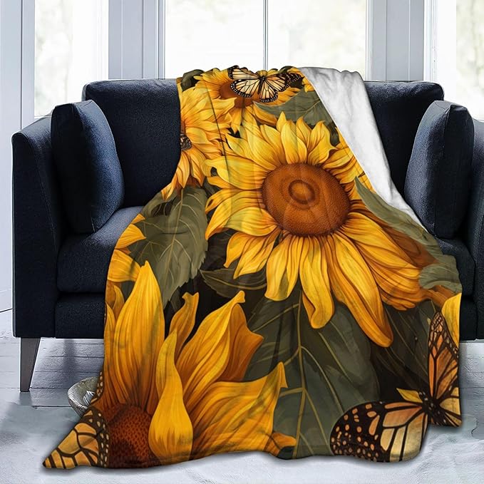 Sunflower Butterfly Blanket Gifts for Girls Women Floral Flannel Throw Blankets for Home Couch Bed Sofa Soft Fuzzy Lightweight Decor All Season 60x50 Inches