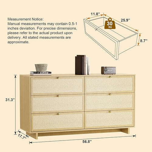 6 Drawer Dresser for Bedroom, 57in Wide Rattan Dresser, Boho Chest of Drawers, Wooden Chest with Clothes Storage Cabinet, Drawer Organizer for Bedroom, Living Room, Hallway, Natural Oak