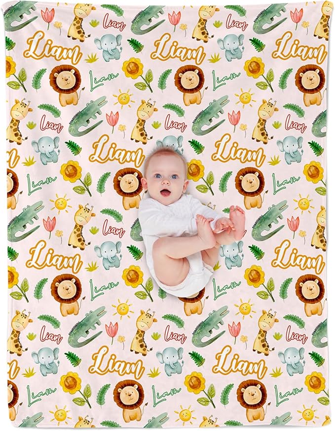 Custom Safari Animals Blanket Gift, Personalized Baby Blanket with Name, Soft Plush Flannel/Sherpa Fleece Throw Blankets for Toddler Kid Teen Boys Girls Color07