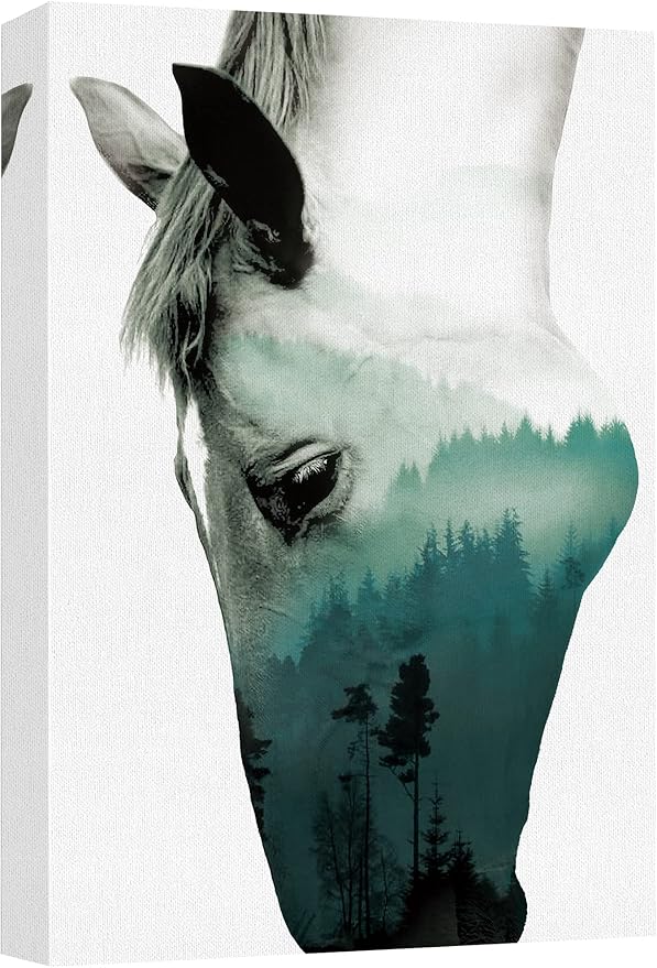 SIGNWIN Canvas Wall Art A Wild Horse and Foggy Mountain Double Exposure Photography Animals Wildlife Digital Art Modern Art Rustic Portrait Edgy for Living Room, Bedroom, Office - 16x24 inches