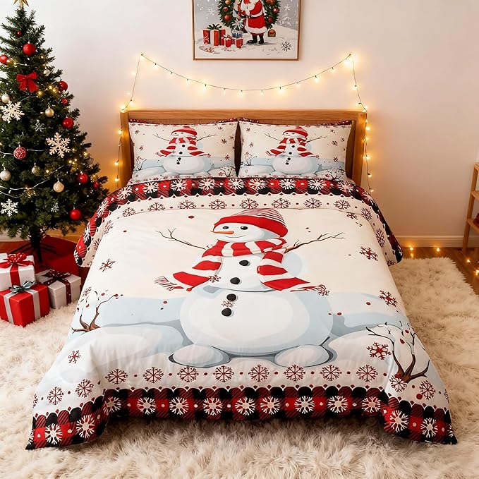 Kids Snowman Christmas Comforter Set Full Size,Snowflake Romantic Bedding,Girls Boys Adults Bedroom/Xmas Cabin Decor,Geometric Grid Lattice Down Comforter,Rustic Farmhouse Duvet Insert,2 Pillowcases